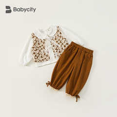 BabyCity Girls Spring Pants Set Pastoral Vests Children Three-Piece Set Little Kids QT82087