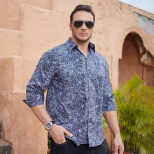 欧美跨境加肥加大码男式长袖衬衫胖哥春秋数码印花蛇纹古巴领衬衣