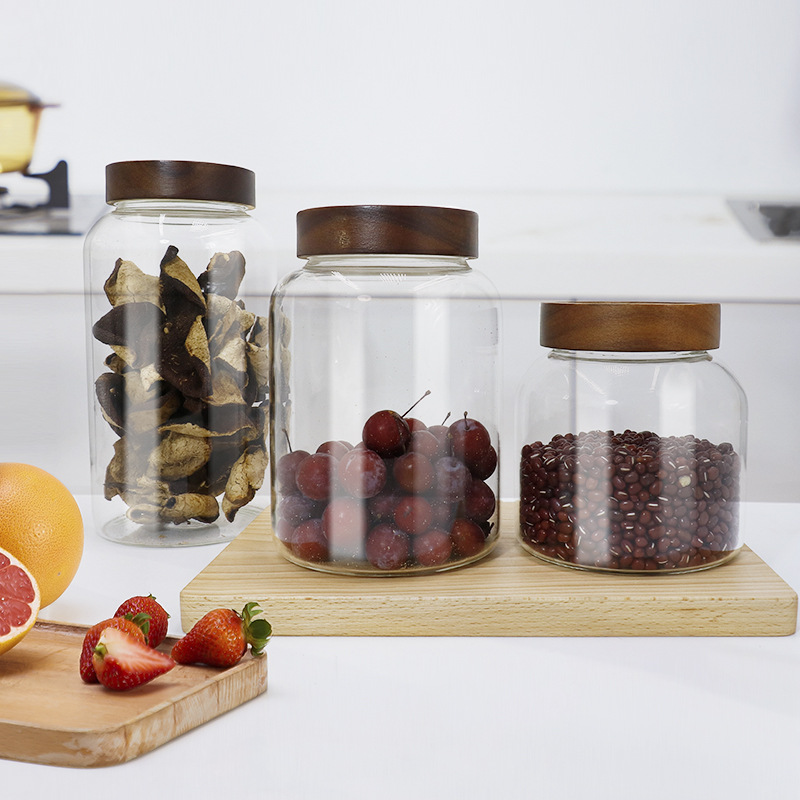 大直径密封玻璃罐相思木盖杂粮茶叶陈皮高硼硅储物罐泡酒玻璃瓶