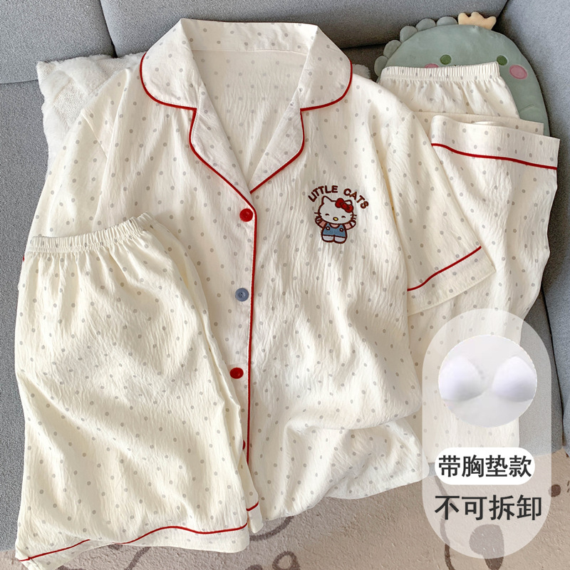 Hellokitty Pajamas with Breast Pads for Women, Summer Cloud Pure Cotton Yarn Short-Sleeved Three-Piece Suit, Cute Home Clothes