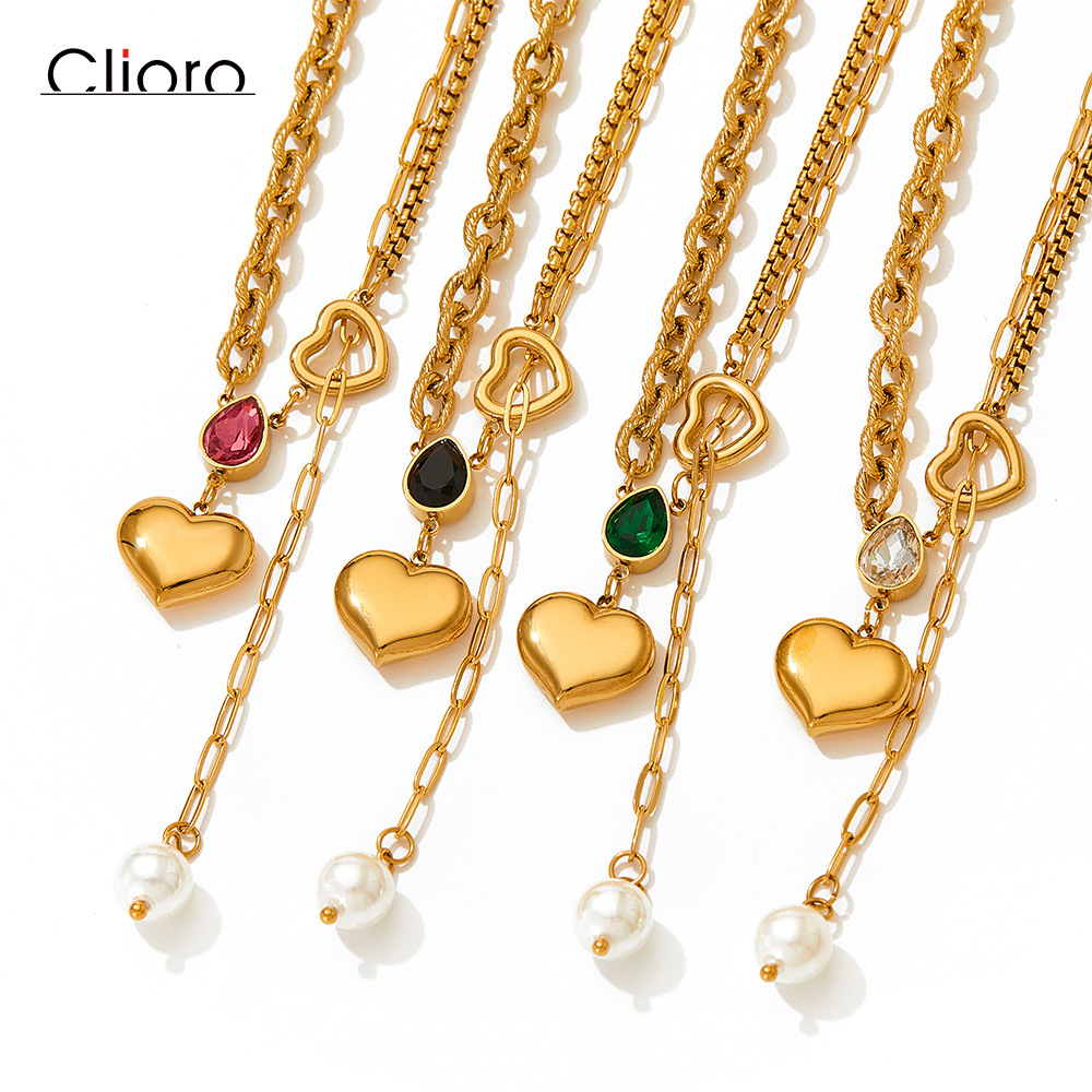 Retro Heart Shape Stainless Steel Titanium Steel Inlay Pearl Zircon Necklace 1 Piece display picture 1