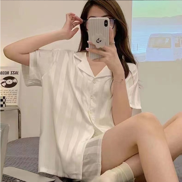 アイスシルクパジャマ女性のストライプ新しい夏薄い半袖夏模擬シルクホーム服 2 点セット卸売可能|undefined
