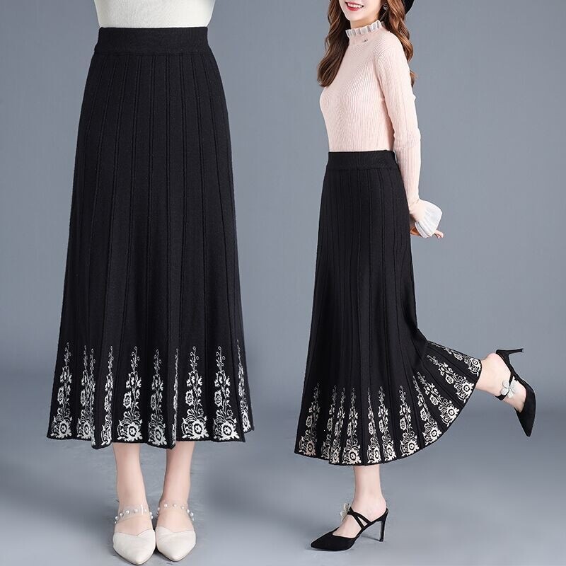 Autumn and winter thickened knitted wool A-line midi skirt with high waist and drape, stylish patterned dance skirt for mothers Autumn and winter thickened knitted wool A-line midi skirt with high waist and drape, stylish patterned dance skirt for mothers