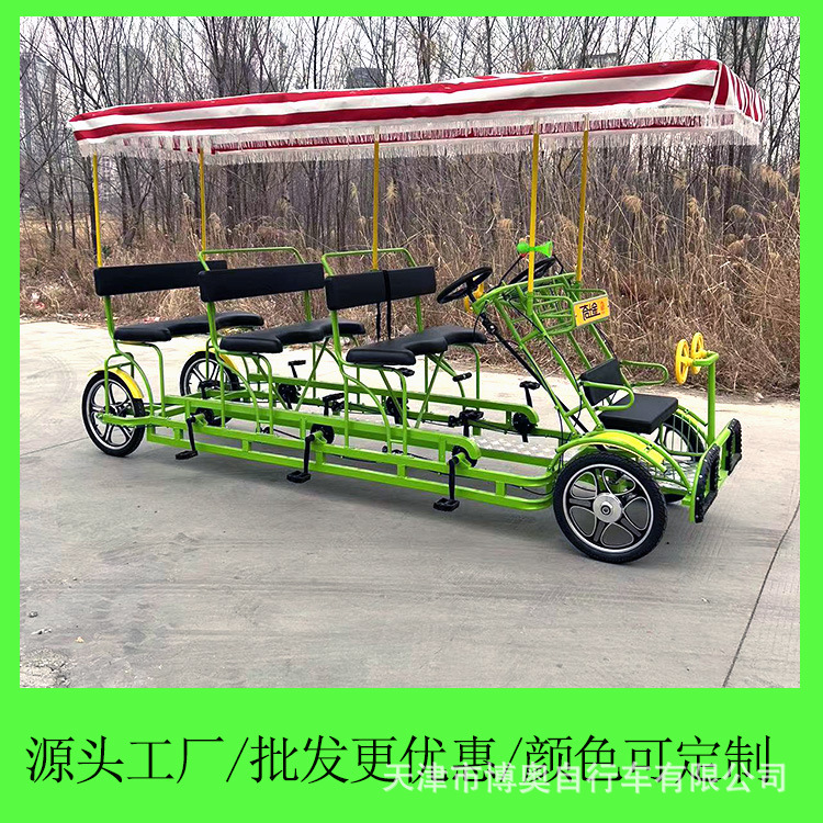 Four-Wheeled, Three-Row, Six-Person Bicycle with Double Front Row for Parent-Child Travel in Scenic Areas, Multi-Person Pedal Bike for Special Riding