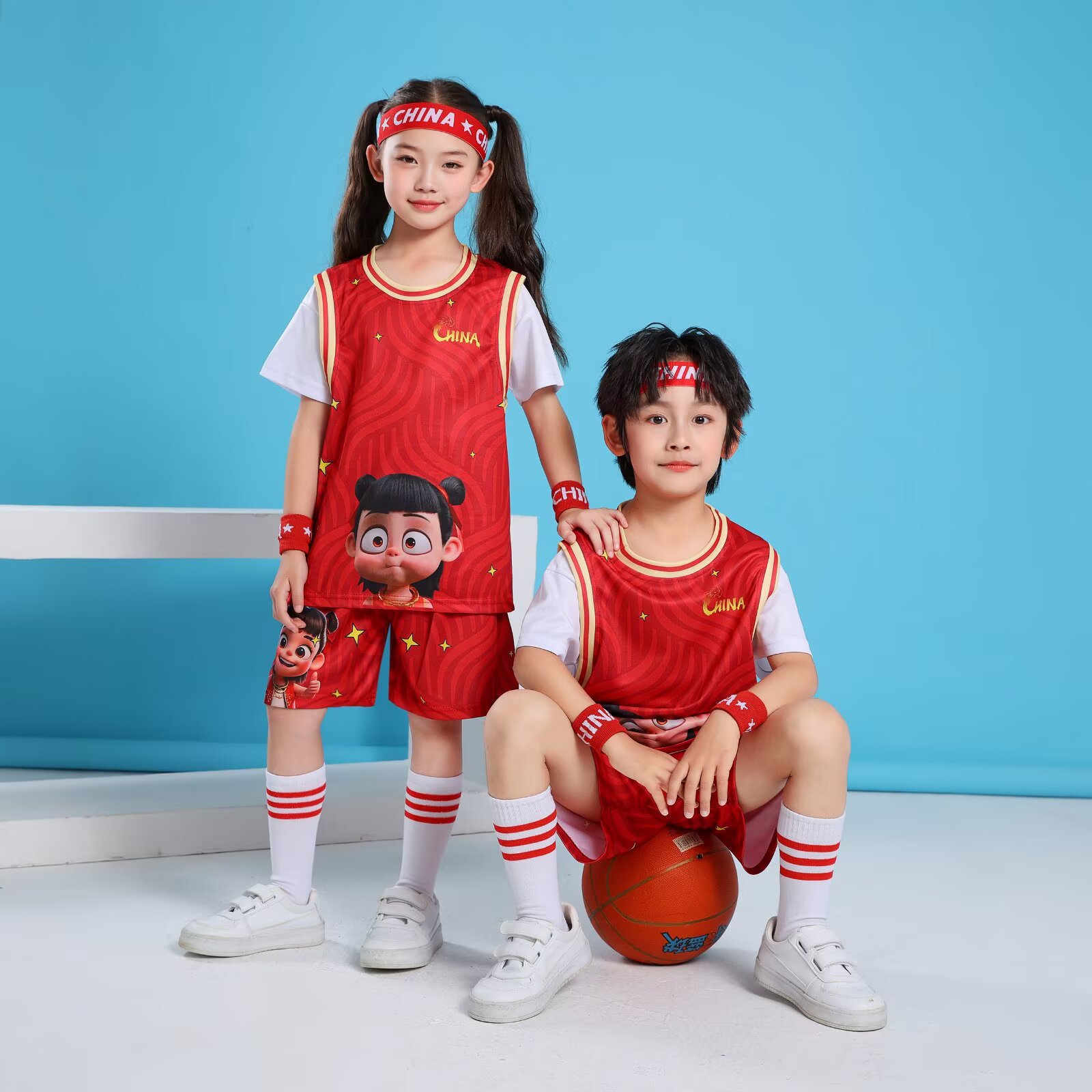 Nezha Comic Kidsren's Basketball Uniform Suit Men's Short-Sleeved Fake Two-Piece Quick-Drying Clothing Kindergarten Primary School Girl Performance Clothing