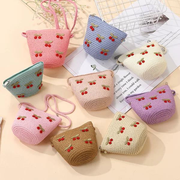 Woven Bags Suitable for Summer, Cute Girls' Beach Flower Straw Bags, Kidsren's Cross-Body Bags with Skirts
