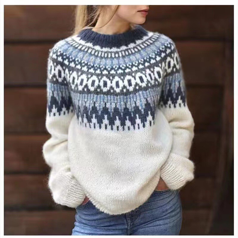 in stock Amazon European and American New Sweater Women's Wish Best Selling Round Neck Colorblock Loose Fashion Pullover Sweater