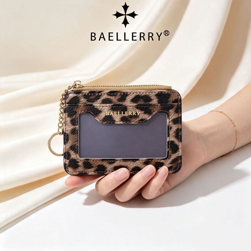 New leopard print women's storage card holder, transparent ID card slot, keychain, zipper coin purse, portable small card case