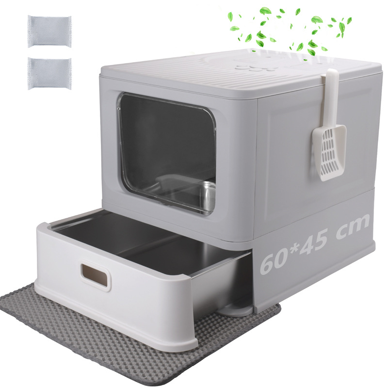 Acero inoxidable semicerrado tipo cajón super grande anti-derrames anti-odorante lavabo de arena para gatos cubierta de inodoro para gatos