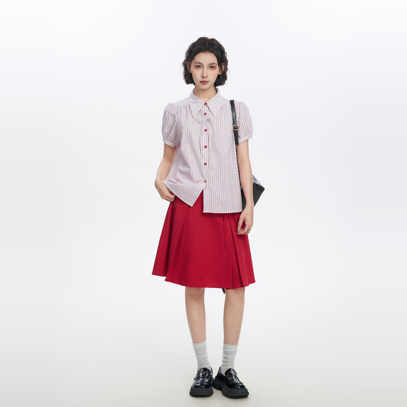 红色条纹短袖衬衫女夏季蝴蝶结宽松半袖泡泡袖衬衣半身裙两件套装|undefined