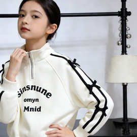 跨境批发儿童卫衣女春秋新款学生长袖外套中大童蝴蝶结拉链外上衣