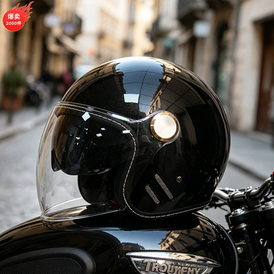 Retro Helmet Motorcycle Electric: Motosiklet kaskı (dəbilqə) - glossy-black-dual-lenses-m-head-circumference-52-54