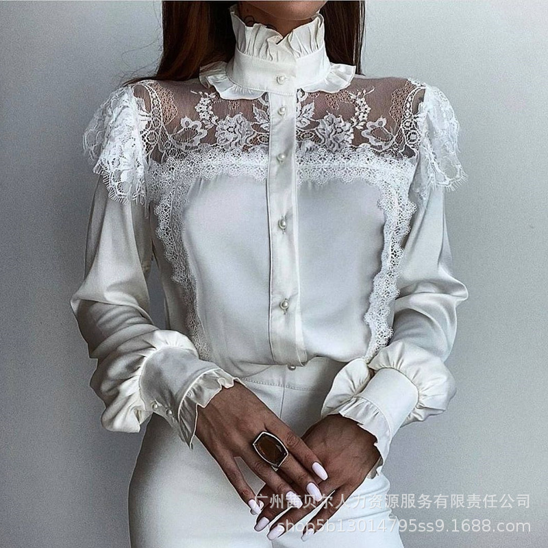 2023 대외 무역 아마존 유럽과 미국 화이트 하이 칼라 메쉬 레이스 스티칭 나무 귀 셔츠