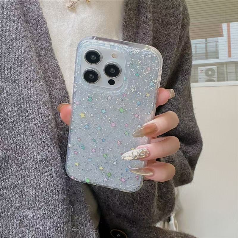 Lámina de plata de doble capa, estrellas de colores finas y destellos para iPhone 16promax funda para teléfono móvil 15 Apple 14 nuevo estilo 13 mujer