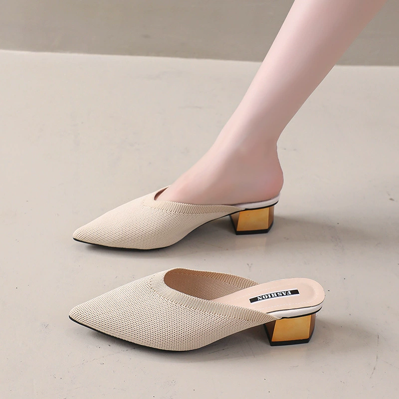 [Korean Style Women7s Fly-Woven Mid-Heel Spring and Summer New Baotou Half Slippers Pointed Toe Mule Shoes Thick Heel Outer Wear 35-41]