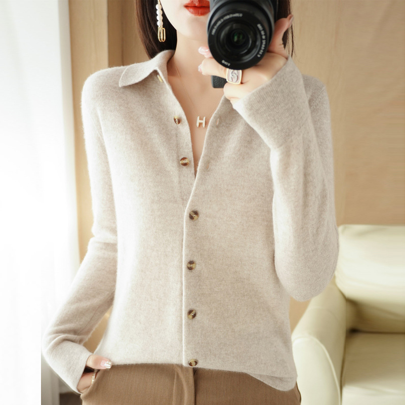 Women's Outerwear Shirt, Polo Collar Knitted Cardigan, Stylish Lapel Sweater Jacket, Long-Sleeve Base Layer for Spring and Autumn