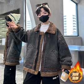 男童牛仔外套冬季2025新款大童痞帅冬装男童羊羔绒上衣加绒加厚潮