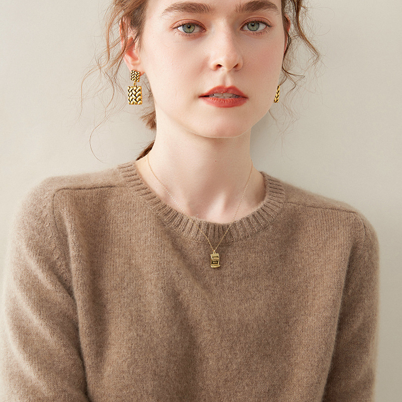 Ordos City Round Neck Double-Layer Thickened 100% Pure Cashmere Sweater for Women, Loose Knit Base Sweater for Women