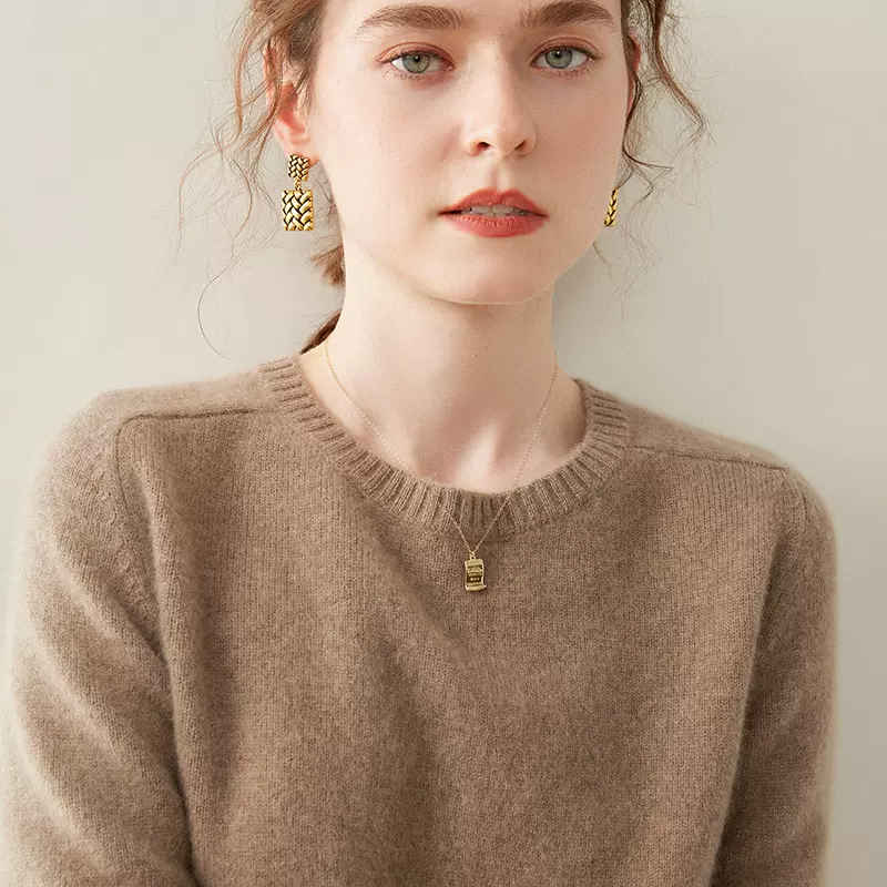 鄂尔多斯市圆领双股加厚100%纯山羊绒衫女宽松毛衣女针织打底衫女