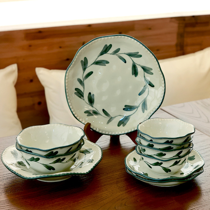 Underglaze Color Tableware Green Leaf Dinner Plate Lace Plate Household Dish Plate Rice Bowl Plate Salad Plate Vegetable Plate Western Food Plate