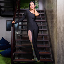 跨境欧美风女士晚礼服连体裤高级感网格烫钻气质女神范绷带连衣裤