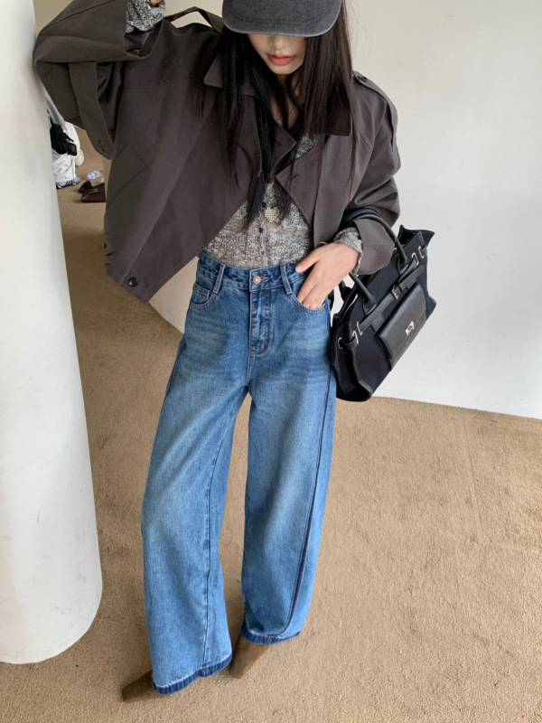 秋上新 美式立体分割撞色弯刀裤高腰显瘦宽松牛仔裤女款直筒长裤|undefined