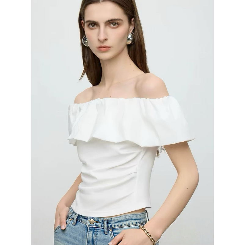 Light Luxury Series One-Shoulder White Short-Sleeved T-Shirt Women's Summer Ruffle Top 2026 Light Luxury Series One-Shoulder White Short-Sleeved T-Shirt Women's Summer Ruffle Top 2026