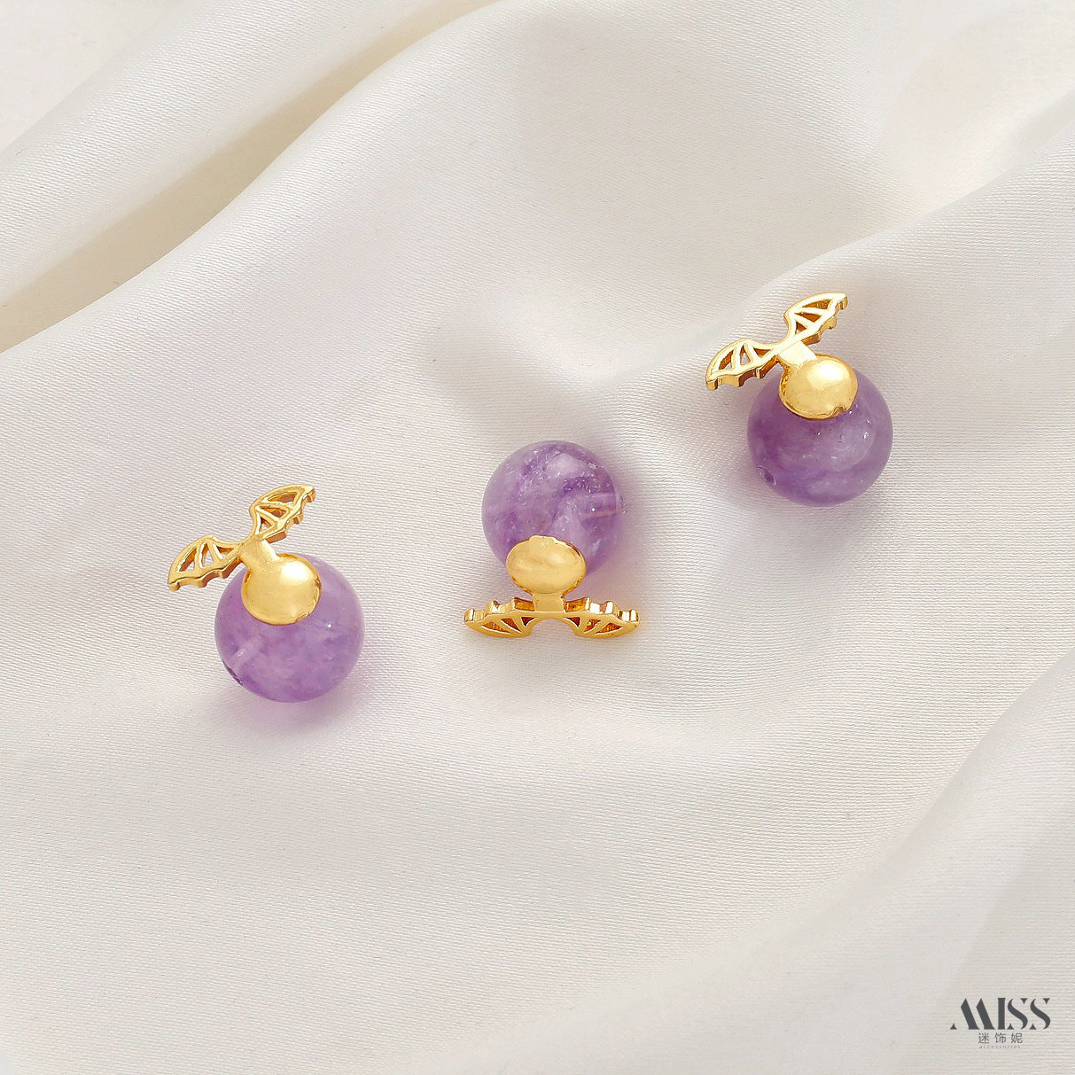 Inlaid with natural amethyst, plated with real gold and thick silver, angel and osmanthus drop-shaped decorative bead pendant DIY jewelry accessories