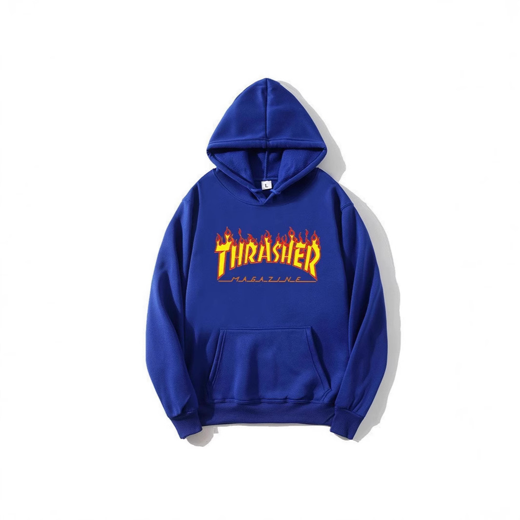 2024 크로스보더 신작 남성 및 여성 후드티 Thrasher 불꽃 프린트 레터 트렌디 브랜드 패션 후드 티셔츠