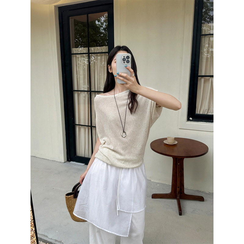 Korean-Style Gentle Style Irregular One-Shoulder Short-Sleeved Knitted Sweater for Women, New Summer Style Off-The-Shoulder Slim-Fitting Pullover Top