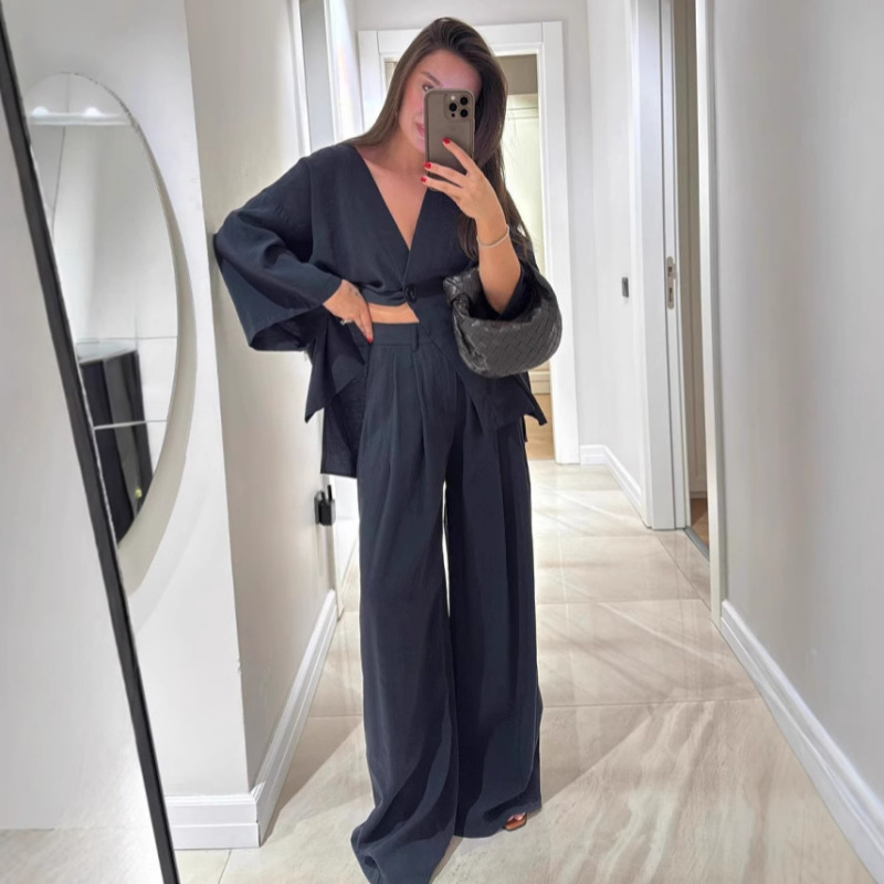 2025 Cross-Border Women's Fashion Casual Set: V-Neck Single-Button Loose Long-Sleeve Top and High-Waisted Trousers Two-Piece Set