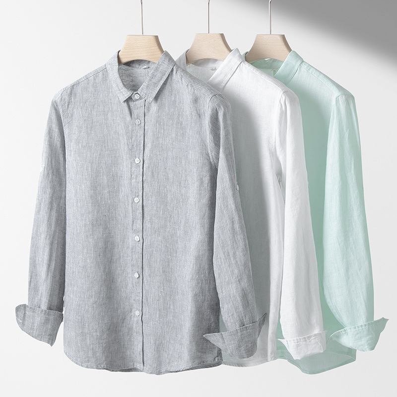 Ropa de primavera y otoño de los hombres camisa de lino puro estilo chino camisa de cuello cuadrado pequeño casual fábrica de los hombres entrega de una sola pieza 001