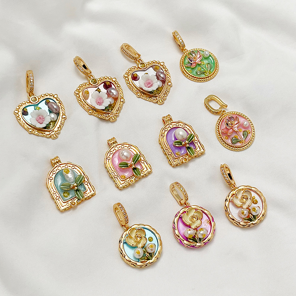Pearl Inlay Material 1 Piece 25*42mm Copper Pearl Heart Shape Flower Pendant
