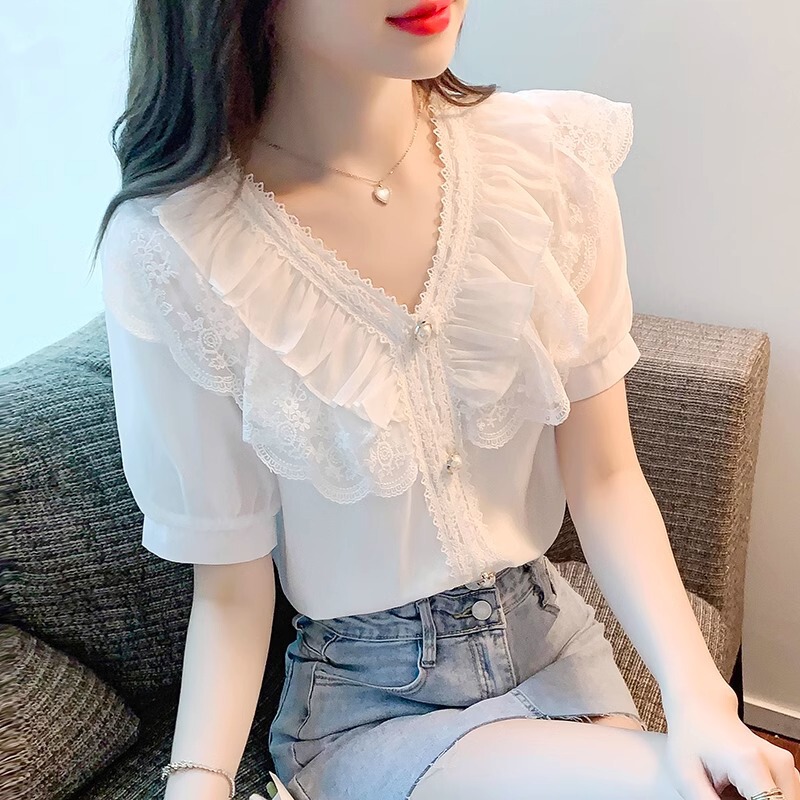 Summer New Sweet Elegant Lace Ruffled V-neck Bubble Short Sleeve White Chiffon Shirt Top Women A3493