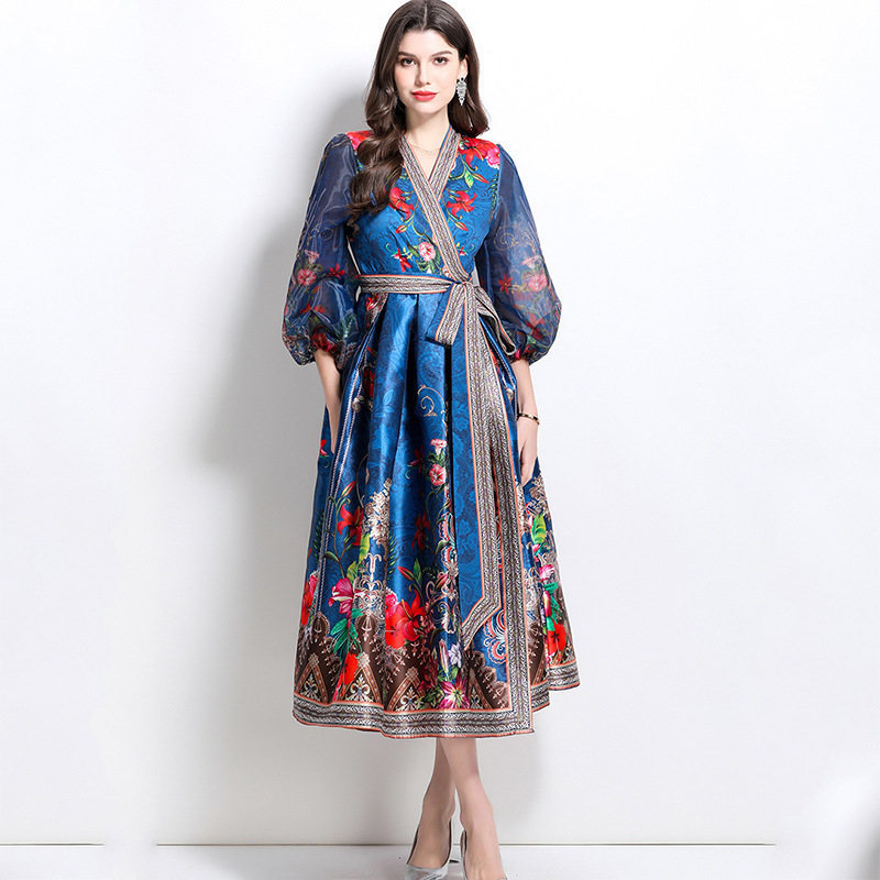 2025 spring new collar ethnic style printed satin wrap long dress
