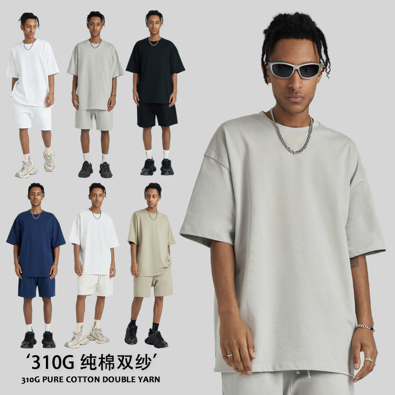 2026 Summer 310g Heavyweight Short-Sleeve Men's Fog Earth-Tone Drop Shoulder Half-Sleeve European and American Trendy Brand Pullover Men's T-Shirt
