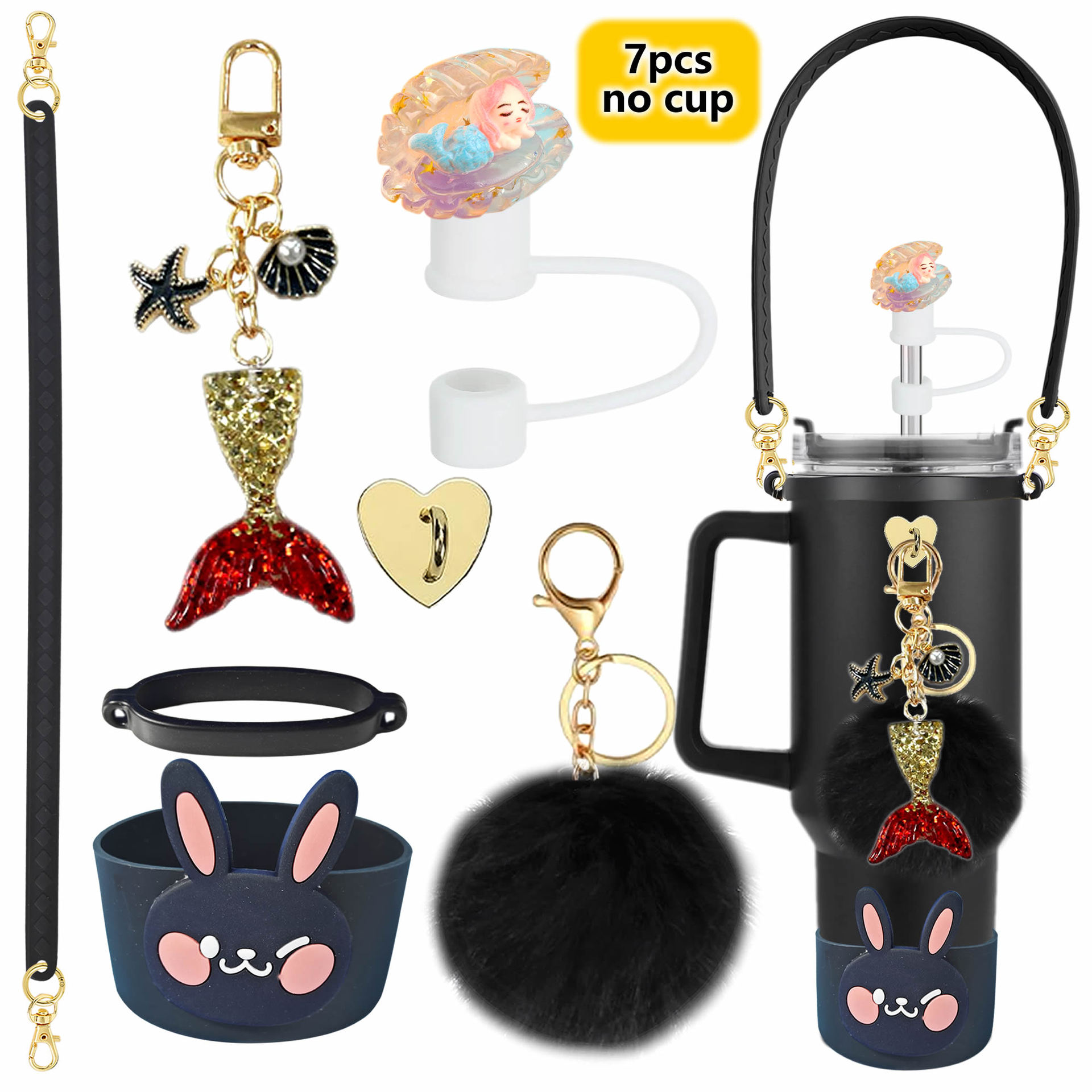Accesorios de taza Stanley colgante de cuerda de mano flor de silicona gorra de paja de peluche colgante de taza cadena de taza de color cubierta de taza