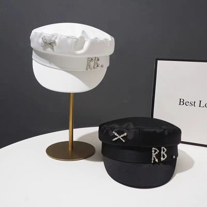 European and American Star Satin Glossing Rhinestone RB Navy Cap Newsboy Cap Autumn Net Red Street Photograph Cap Children's Tide