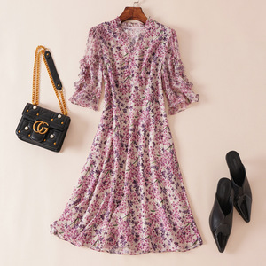 V-neck short sleeve silk print waistband dress women