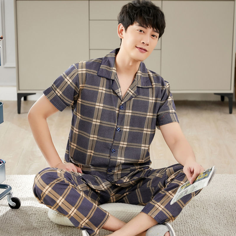 Pijamas de algodón para hombre primavera y verano pijamas de manga corta para hombre otoño fino algodón solapa ropa para el hogar conjunto