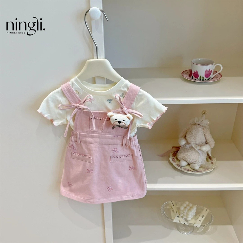 Lemon summer new cherry powder! Baby Girl Sweet Cool White Pink Bow Strb T-shirt suit Trendy