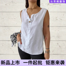 2025亚马逊跨境欧美夏季新款宽松背心衬衫女士V领棉麻纽扣上衣女