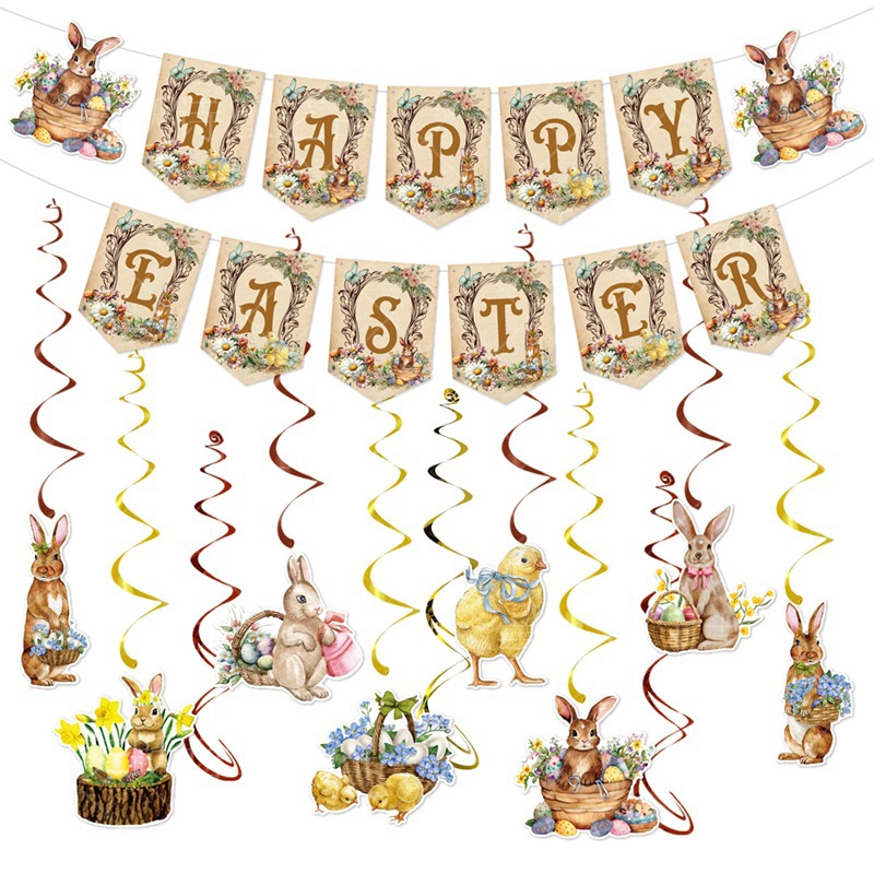 Vintage tema Pascua fiesta decoración tire bandera traje conejo espiral colgante adorno feliz Pascua bandera