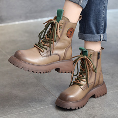 First layer cowhide British style motorcycle boots round toe thick sole versatile single boots for women autumn and winter high top Martin boots for women