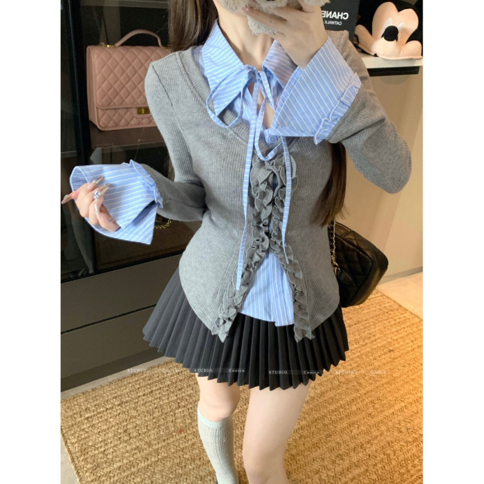 早秋新款法式复古气质小个子减龄假两件长袖拼接衬衫百褶裙两件套|undefined