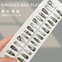 【墨竹清韵】中长梯形中国风水墨国朝青绿渐变墨竹猫眼穿戴甲批发