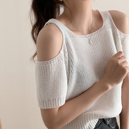 Gentle style, off-the-shoulder short-sleeve sweater, women's summer new style, chanel style loose shirt, sweet and spicy style top