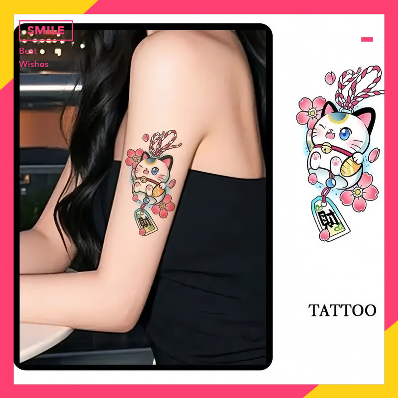 Cherry Blossom Lucid Cat Ins Colorful Tattoo Sticker Cute Arm High Face Value Durable Waterproof Female Simulation Cool Tide Hot Girl