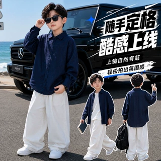 男童春秋装藏青色衬衫套装韩版儿童帅气潮款两件套宝宝衣服外贸