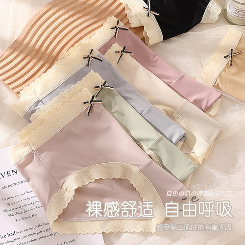 Ice silk underwear women's mid-waist bow breathable sexy jacquard girl Japanese graphene briefs pantyhose